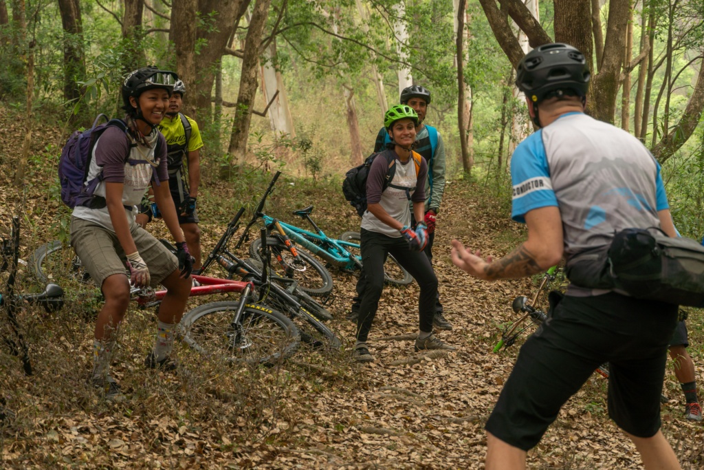 Nishma and Usha learning about mountain bike body position during their PMBIA Level 1 course. 