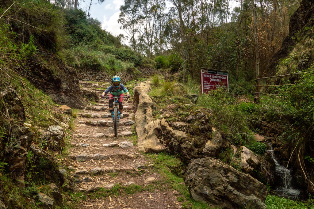 Mountain biker riding down ancient Incan steps