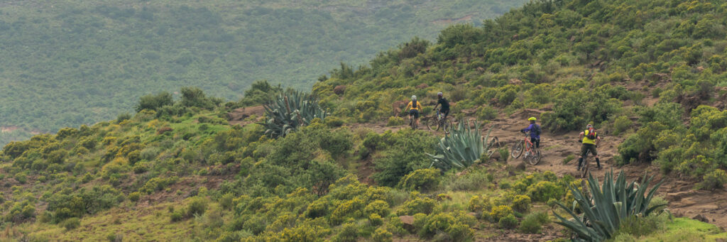 A group of world ride mountain bikers on a hillside in Lesotho